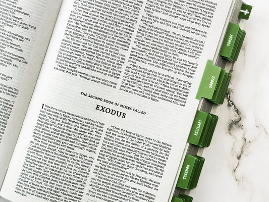Glossy olive green bible tabs with earthy minimalist aesthetic for bible journaling and study